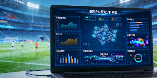 经典案例奥运会AI预测分析系统 - 电脑屏幕上显示复杂的体育数据图表与AI算法预测模型可视化界面