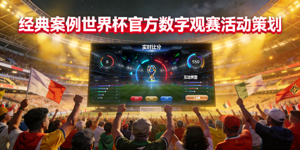 经典案例世界杯官方数字观赛活动策划 - 大型体育场内球迷欢呼，数字大屏幕显示实时比分与互动界面