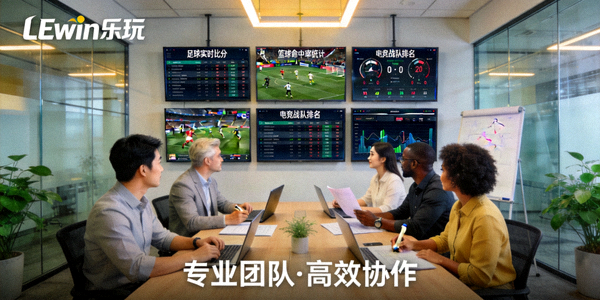LEwin乐玩团队实力展示配图 - 多元化团队成员在现代化办公室内协作讨论，背景有体育赛事数据屏幕